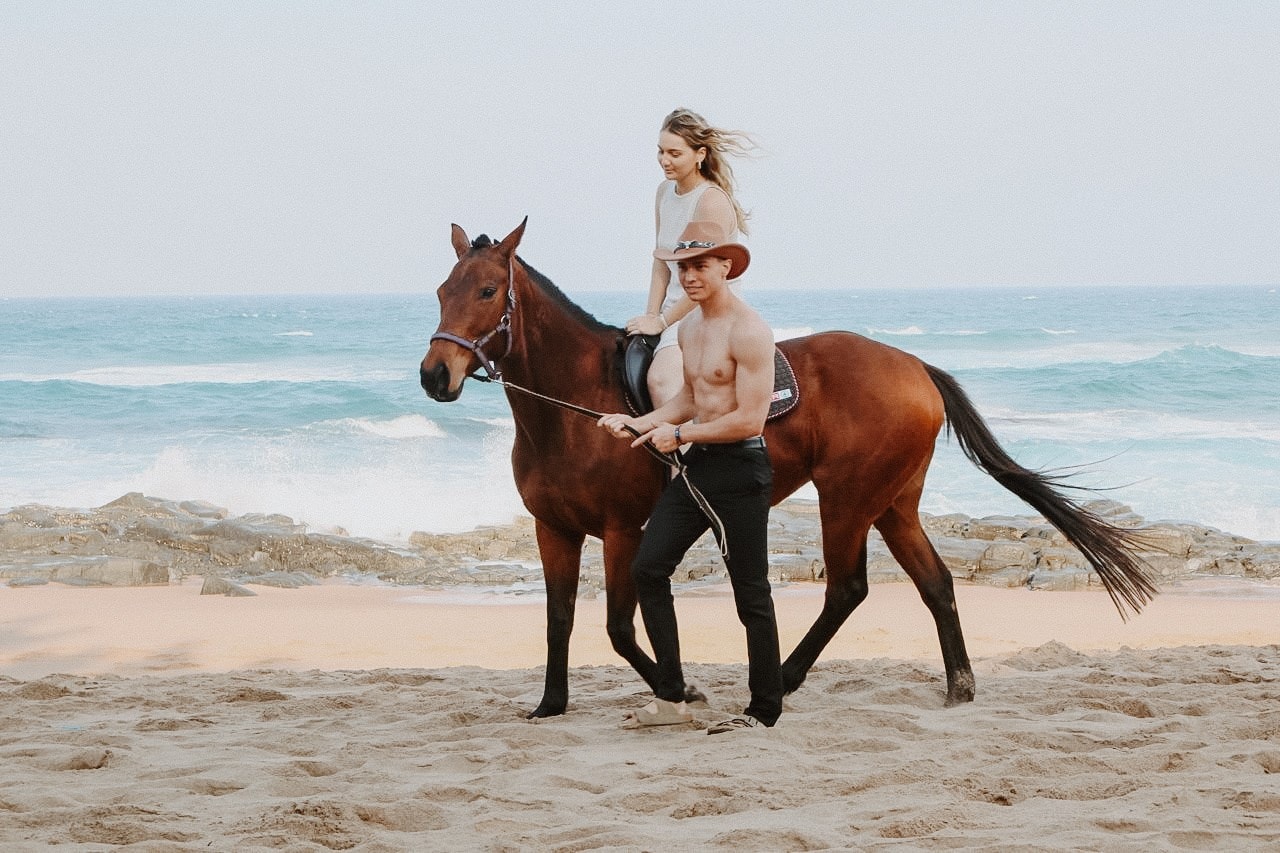 Handler leading a horse and rider along the shoreline